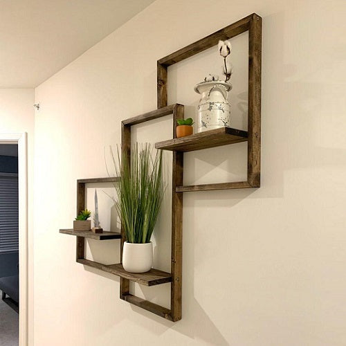 Modern Geometric Wooden Wall Shelf– Stylish Floating Display Frame for Home Decor